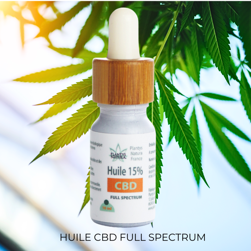 huile cbd 15% full spectrum plantys natura avec feuilles de chanvre en arrière-plan