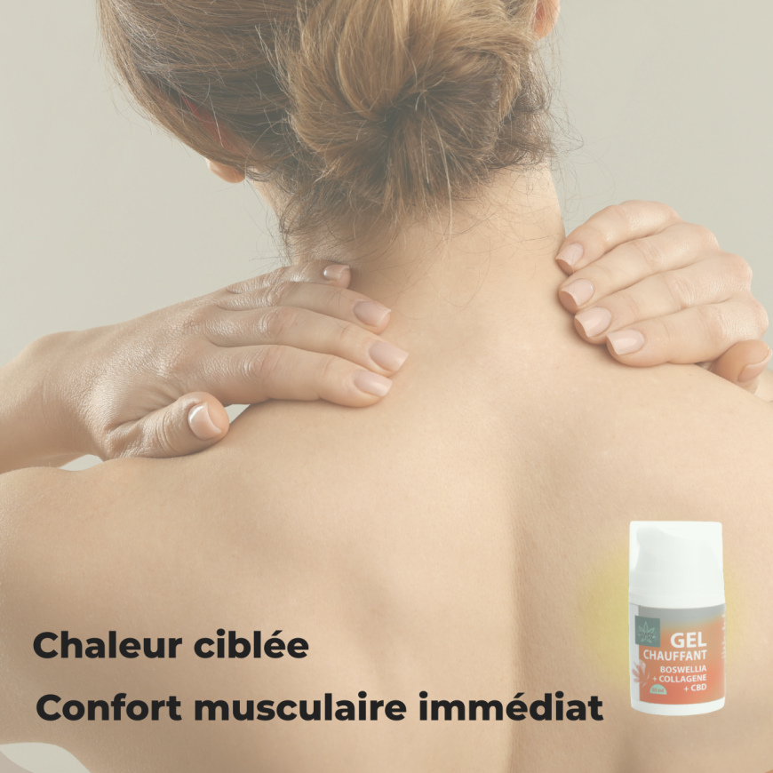 Application du gel chauffant CBD sur le dos pour chaleur ciblée et confort musculaire