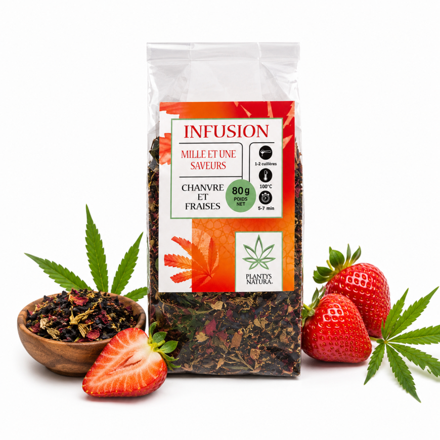 Packshot infusion CBD fraise et chanvre Plantys Natura sur fond blanc premium