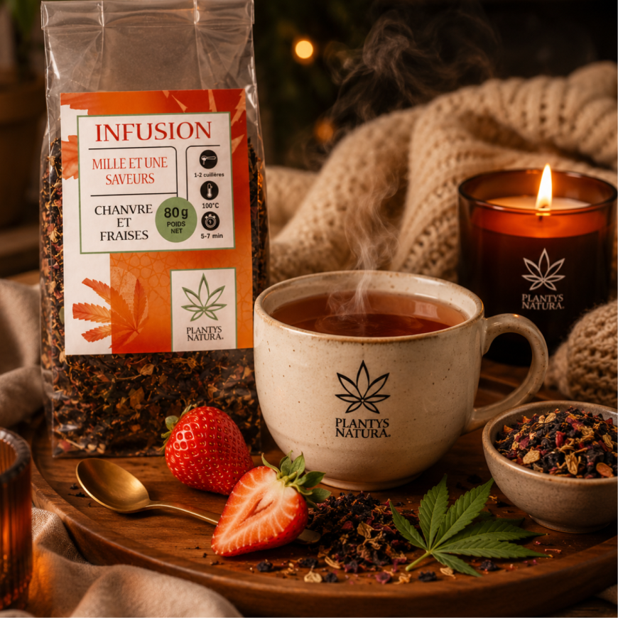 Moment cocooning avec infusion CBD fraise Plantys Natura dans une ambiance détente premium