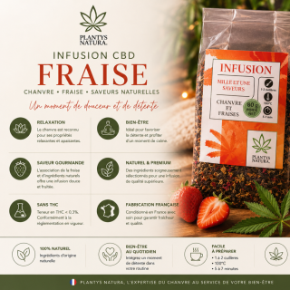 Bienfaits de l’infusion CBD fraise Plantys Natura aux ingrédients naturels et relaxants