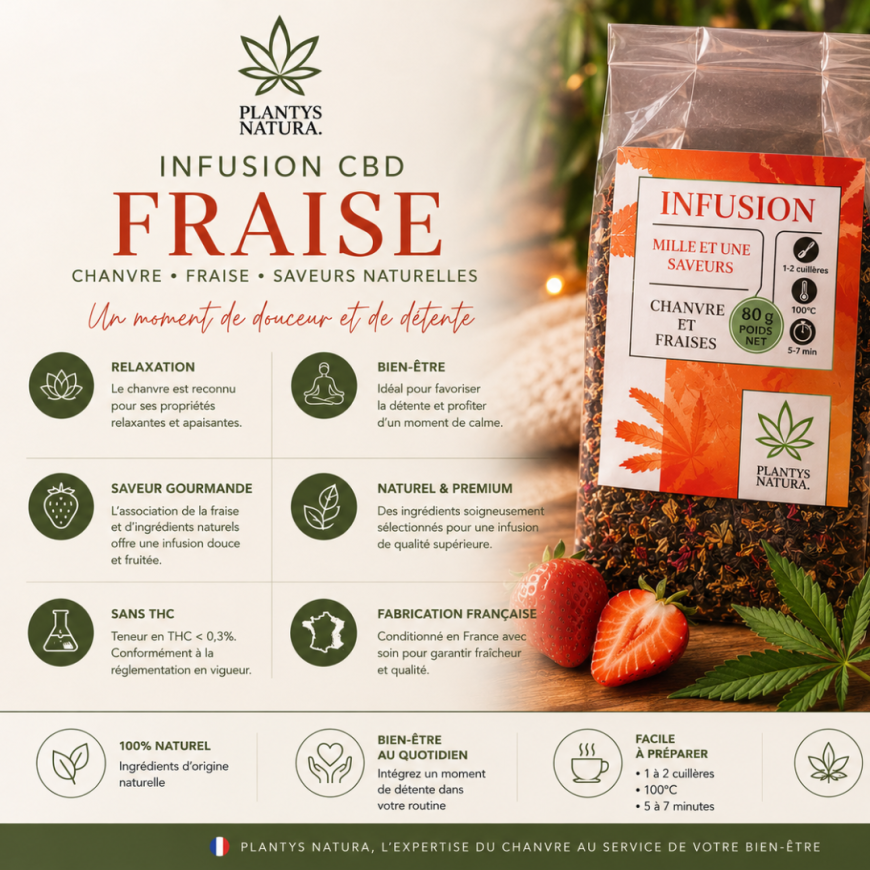 Bienfaits de l’infusion CBD fraise Plantys Natura aux ingrédients naturels et relaxants