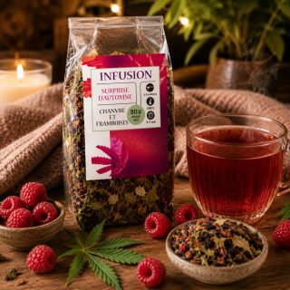 Infusion CBD framboise et chanvre Plantys Natura dans une ambiance cocooning premium