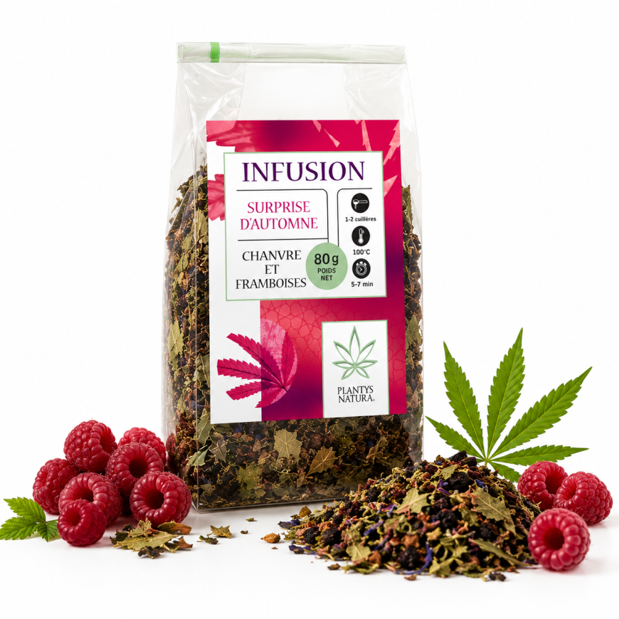 Packshot infusion CBD framboise et chanvre Plantys Natura sur fond blanc premium