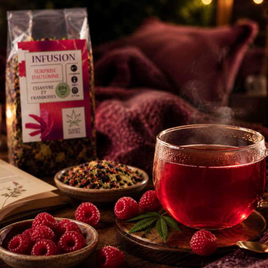 Moment détente cocooning avec infusion CBD framboise Plantys Natura dans une ambiance chaleureuse premium