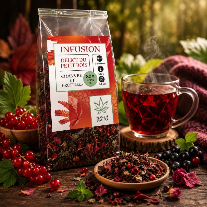Infusion CBD groseille et chanvre Plantys Natura dans une ambiance cocooning premium