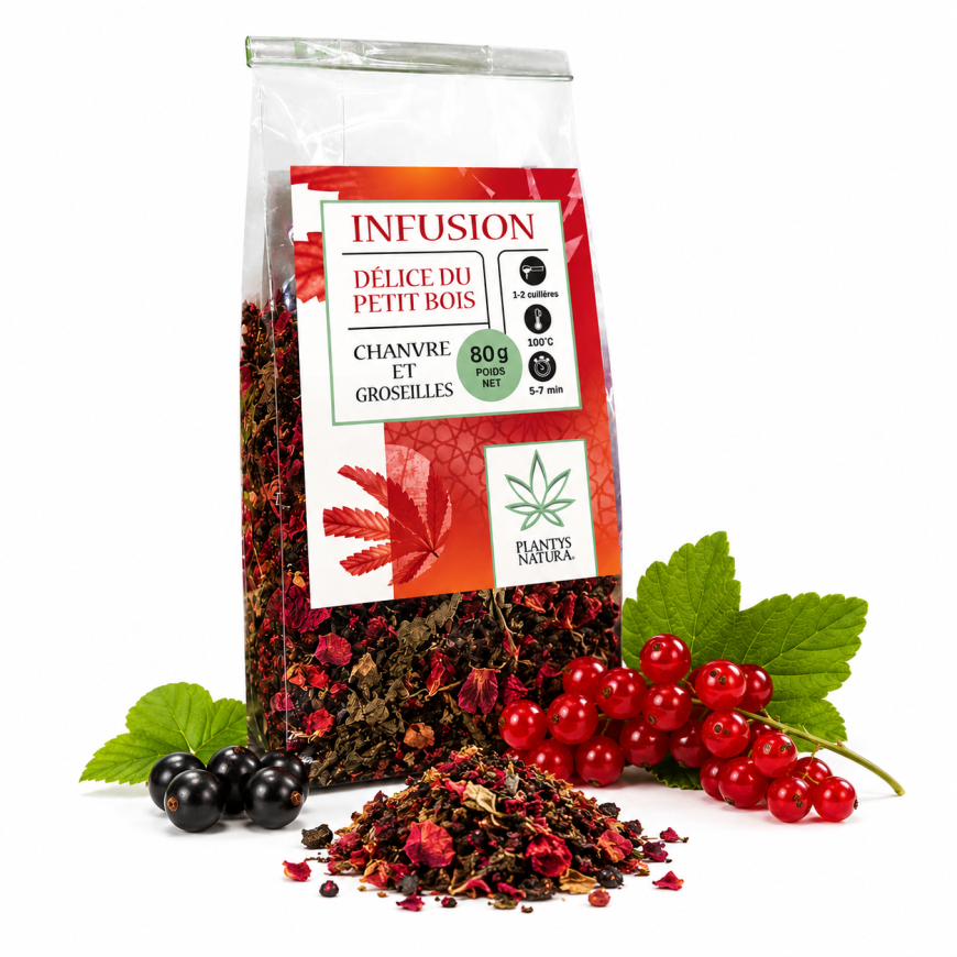 Packshot infusion CBD groseille et chanvre Plantys Natura sur fond blanc premium