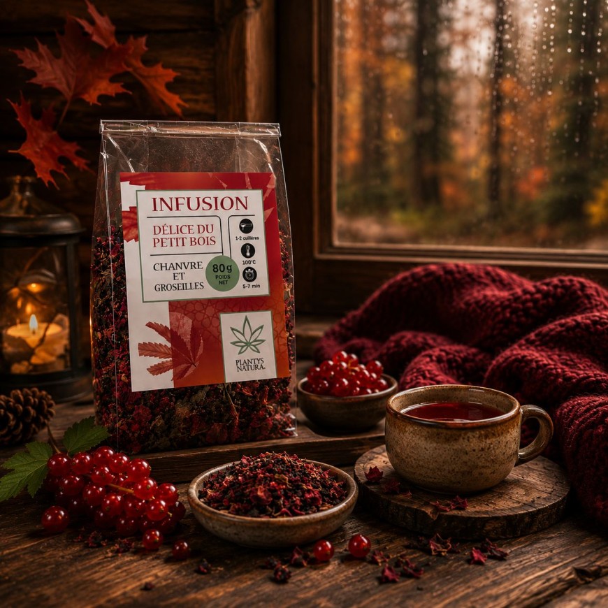 Moment cocooning avec infusion CBD groseille Plantys Natura dans une ambiance automnale chaleureuse