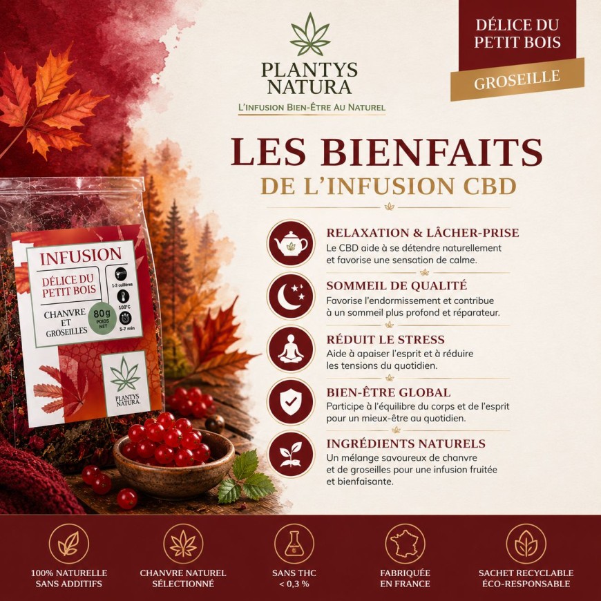 Bienfaits de l’infusion CBD groseille Plantys Natura aux notes fruitées et relaxantes