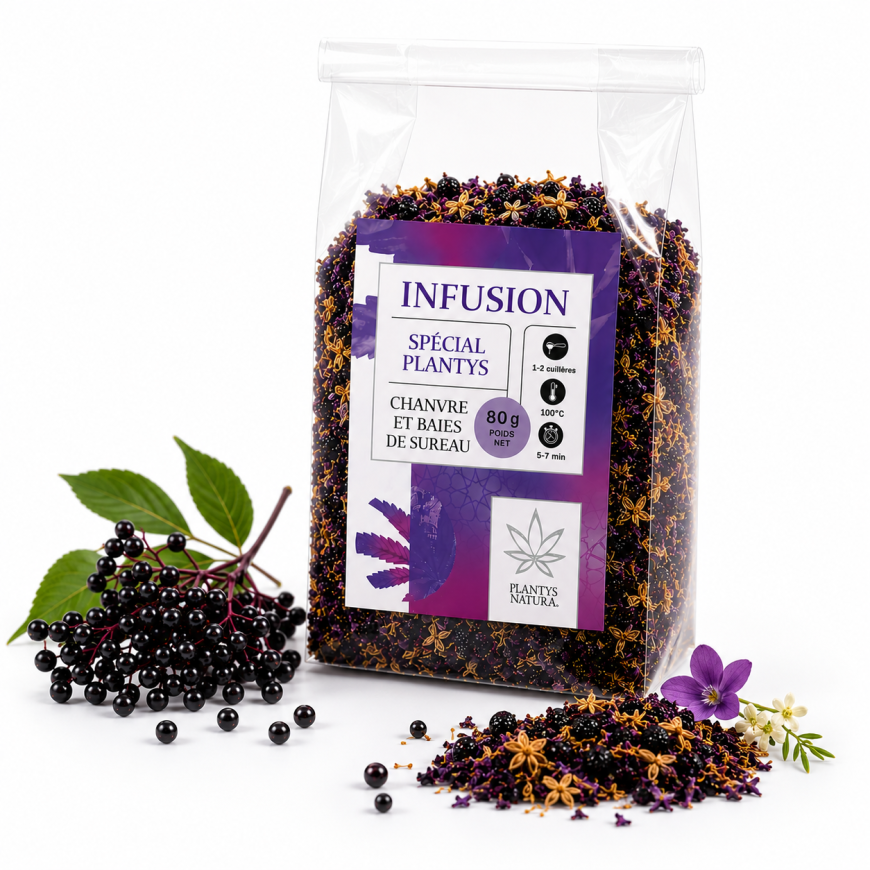 Packshot infusion CBD baie de sureau Plantys Natura sur fond blanc avec ingrédients naturels
