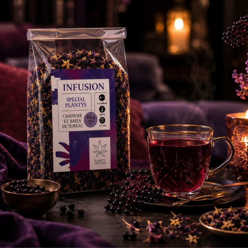Infusion CBD baie de sureau Plantys Natura dans une ambiance cocooning élégante et raffinée