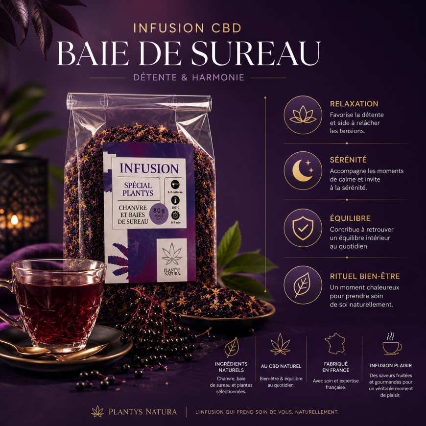 Bienfaits de l’infusion CBD baie de sureau Plantys Natura dans une ambiance premium et relaxante