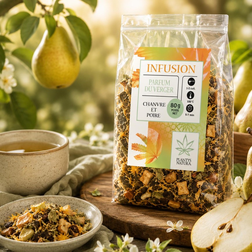 Infusion CBD poire Plantys Natura dans une ambiance verger naturelle et premium