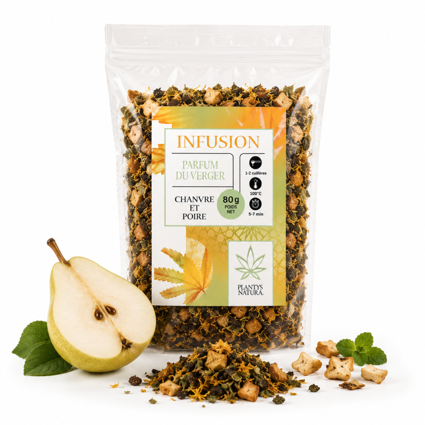 Packshot infusion CBD poire Plantys Natura sur fond blanc avec poire et ingrédients naturels