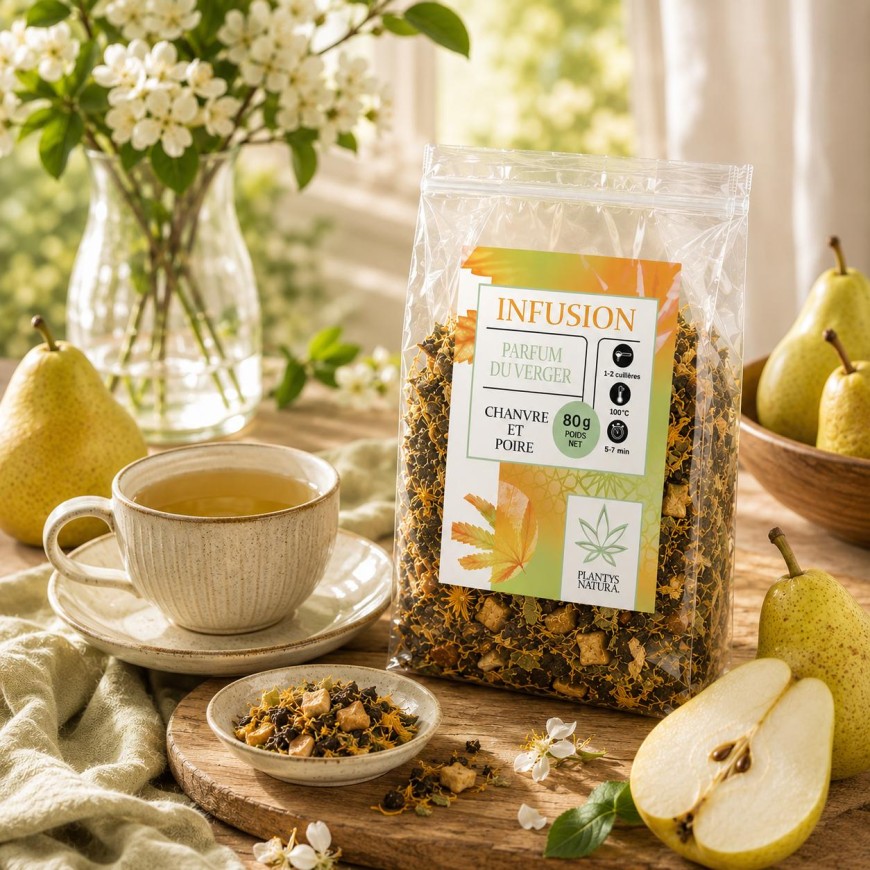 Moment cocooning avec infusion CBD poire Plantys Natura dans une ambiance verger lumineuse et naturelle