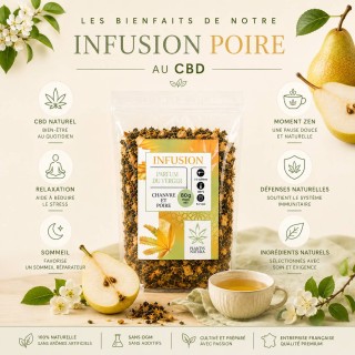 Bienfaits de l’infusion CBD poire Plantys Natura dans une ambiance naturelle et raffinée