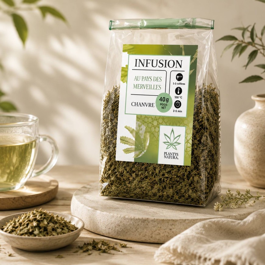 Infusion CBD chanvre Plantys Natura dans une ambiance botanique naturelle et raffinée