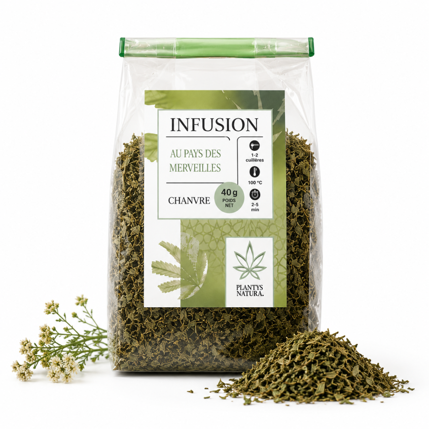 Packshot infusion CBD chanvre Plantys Natura sur fond blanc avec chanvre naturel