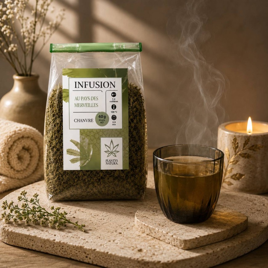 Infusion CBD chanvre Plantys Natura dans une ambiance spa botanique et relaxante
