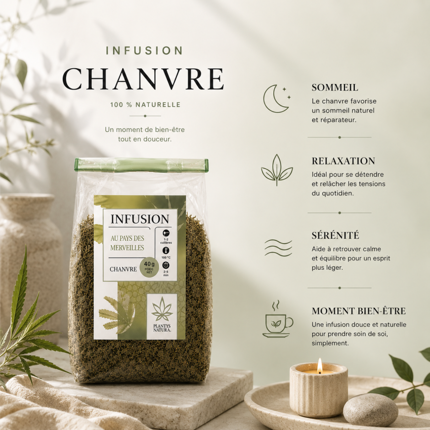 Bienfaits de l’infusion CBD chanvre Plantys Natura dans une ambiance botanique premium et apaisante