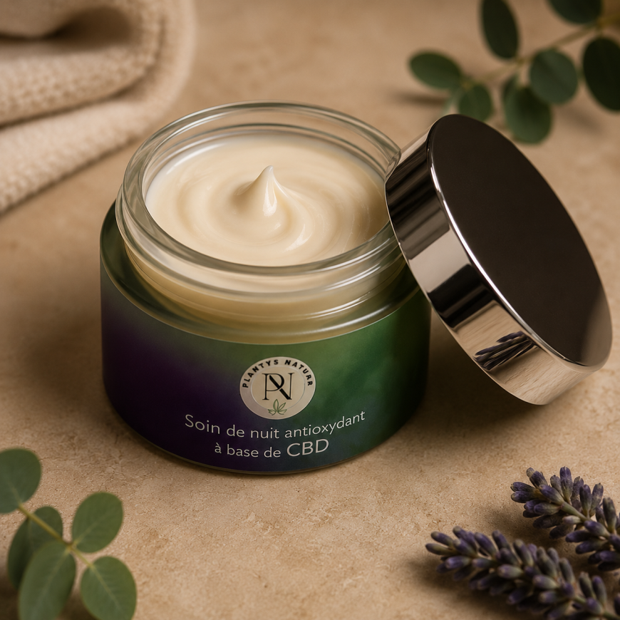 Texture de la crème de nuit antioxydante au CBD Plantys Natura avec formule légère et univers skincare premium naturel.