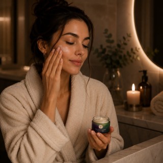 Femme appliquant une crème de nuit antioxydante au CBD Plantys Natura dans une ambiance spa cocooning et skincare premium.
