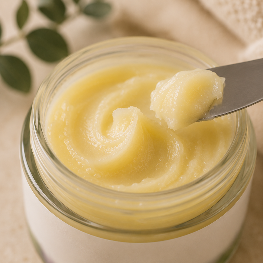 Texture riche de la pommade réparatrice au CBD et CBG Plantys Natura avec formule nourrissante et soin naturel premium.