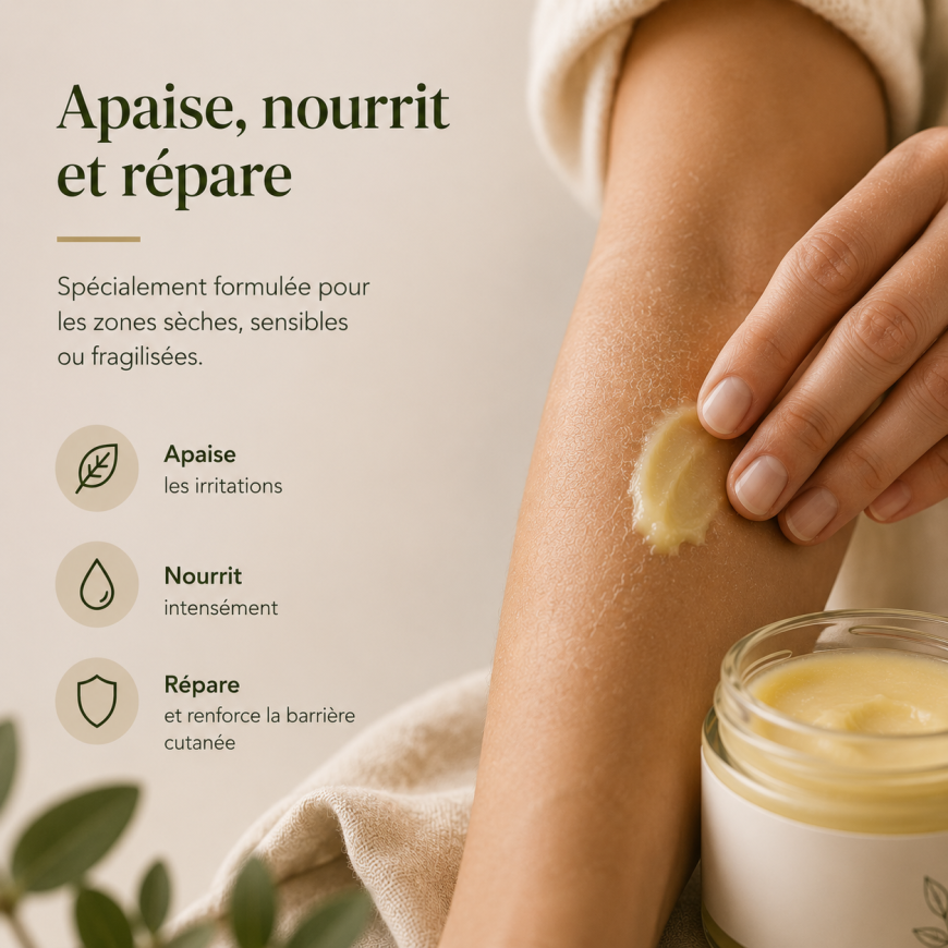 Visuel des bienfaits de la pommade réparatrice au CBD et CBG Plantys Natura pour les zones sèches et sensibles de la peau.