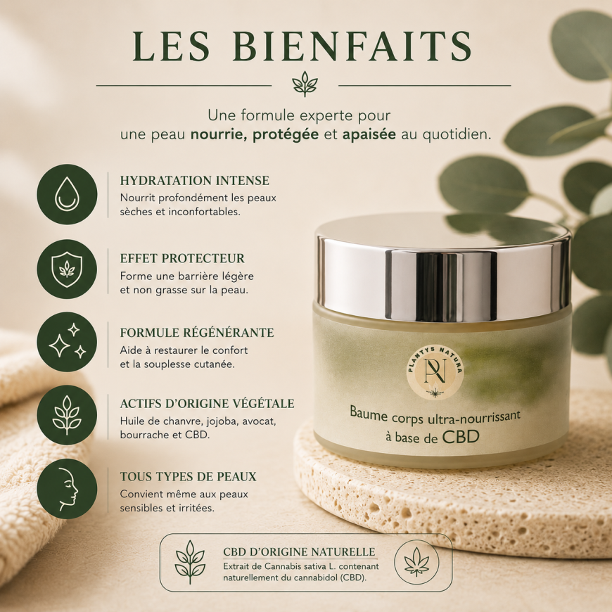 Bienfaits du baume corps ultra nourrissant au CBD Plantys Natura