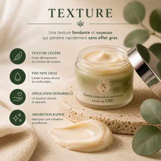 Baume corps ultra-nourrissant CBD Plantys Natura – texture fondante et soyeuse sans effet gras