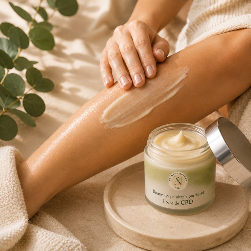 Application du baume corps ultra-nourrissant CBD Plantys Natura sur la peau