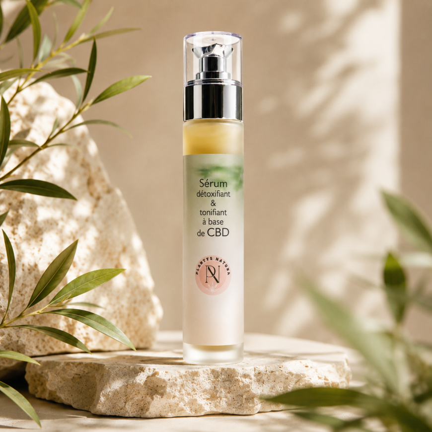 Sérum détoxifiant et tonifiant CBD Plantys Natura en mise en scène premium naturelle