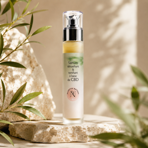 Sérum détoxifiant et tonifiant CBD Plantys Natura en mise en scène premium naturelle