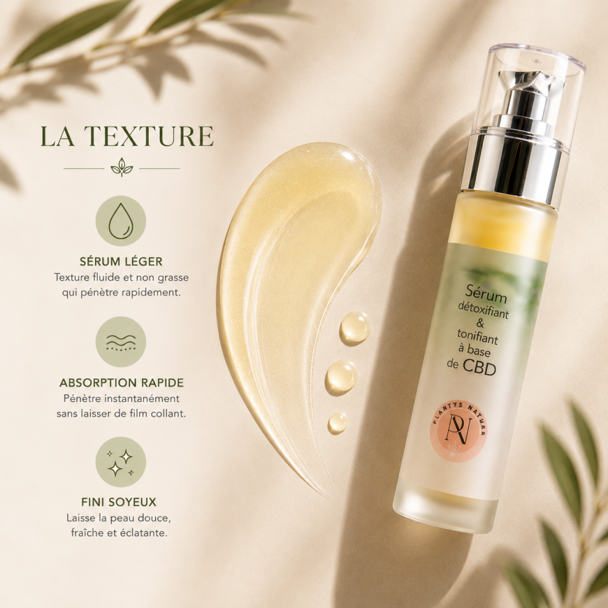 Texture légère et soyeuse du sérum détoxifiant et tonifiant CBD Plantys Natura
