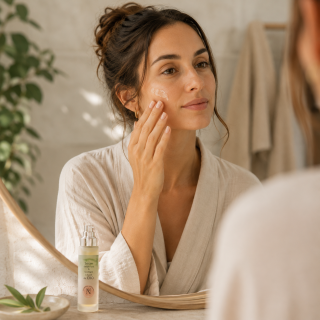 Application du sérum détoxifiant et tonifiant CBD Plantys Natura sur le visage