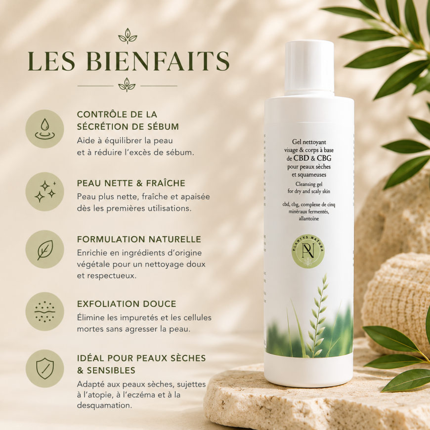 Les bienfaits du gel nettoyant CBD CBG Plantys Natura pour peaux sèches et sensibles