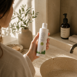 Routine quotidienne avec le gel nettoyant CBD CBG Plantys Natura en salle de bain premium