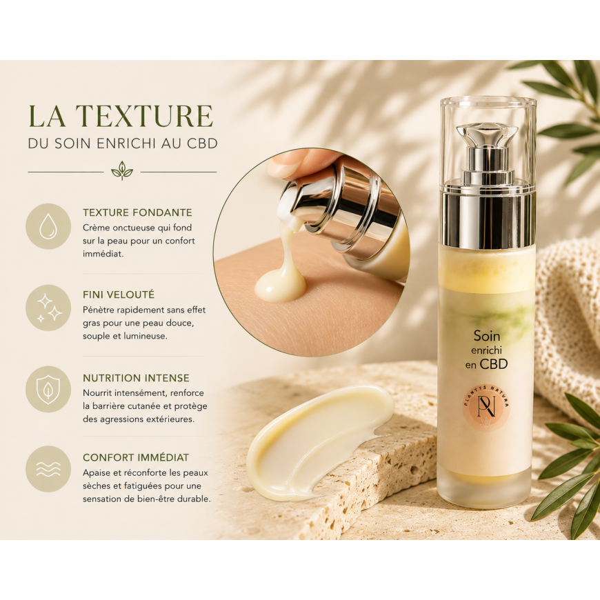 Texture riche et fondante du soin enrichi au CBD Plantys Natura pour peaux sèches et fatiguées