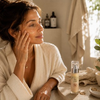 Routine skincare avec soin enrichi au CBD Plantys Natura appliqué dans une salle de bain premium et lumineuse