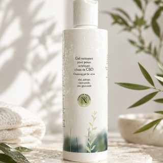 Gel nettoyant au CBD pour peaux acnéiques Plantys Natura dans une ambiance skincare fraîche et premium