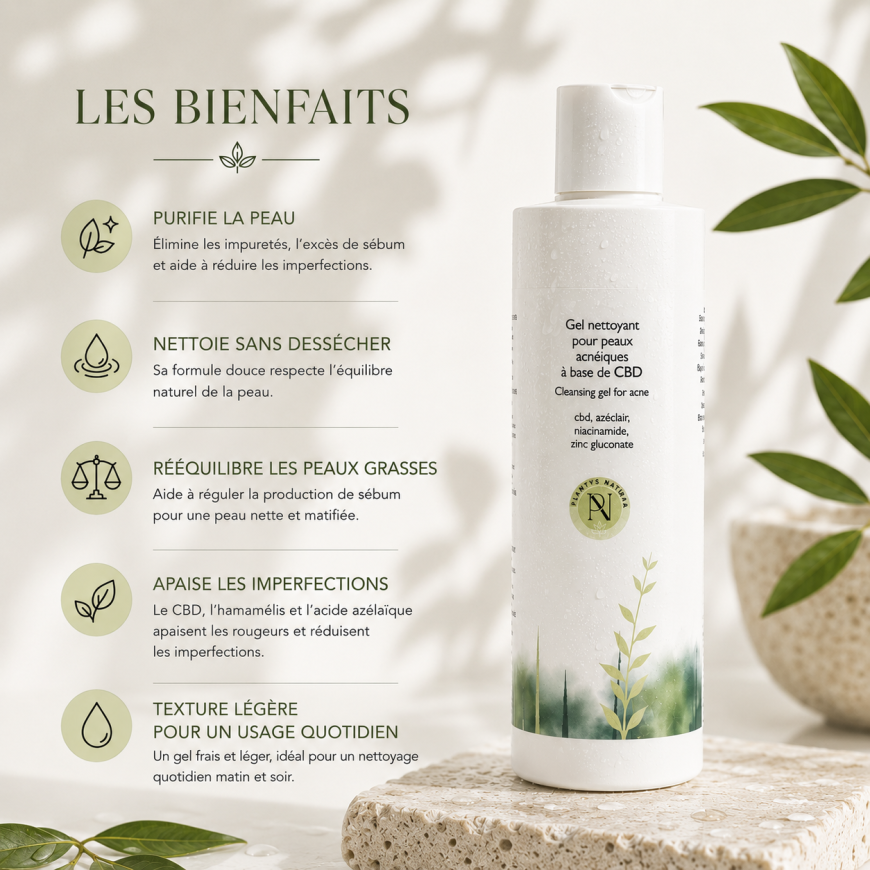 Bienfaits du gel nettoyant CBD pour peaux acnéiques Plantys Natura avec pictogrammes skincare premium