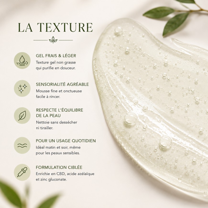 Texture légère du gel nettoyant CBD pour peaux acnéiques Plantys Natura avec effet frais et purifiant
