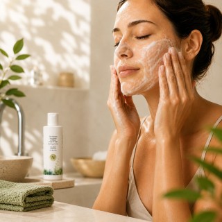 Gel nettoyant CBD Plantys Natura utilisé sur le visage avec mousse nettoyante dans une routine skincare naturelle