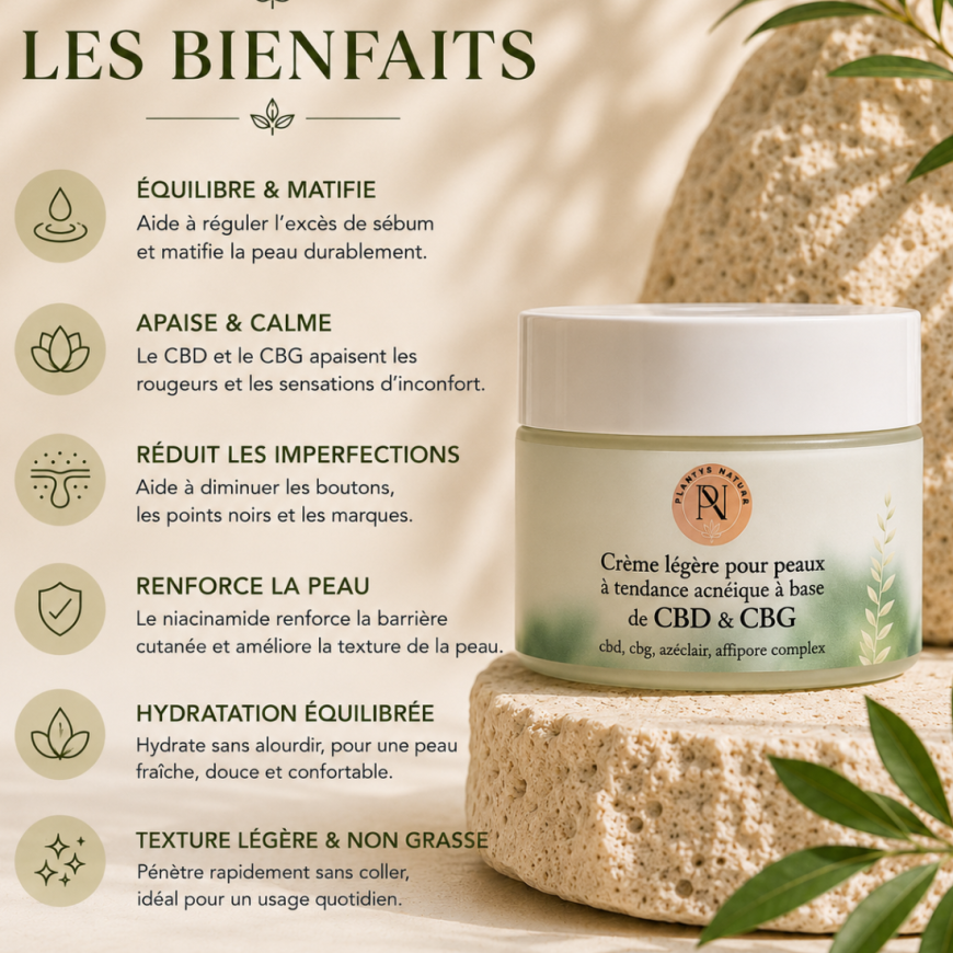 Les bienfaits de la crème légère CBD & CBG Plantys Natura pour peaux à tendance acnéique avec visuel skincare premium naturel
