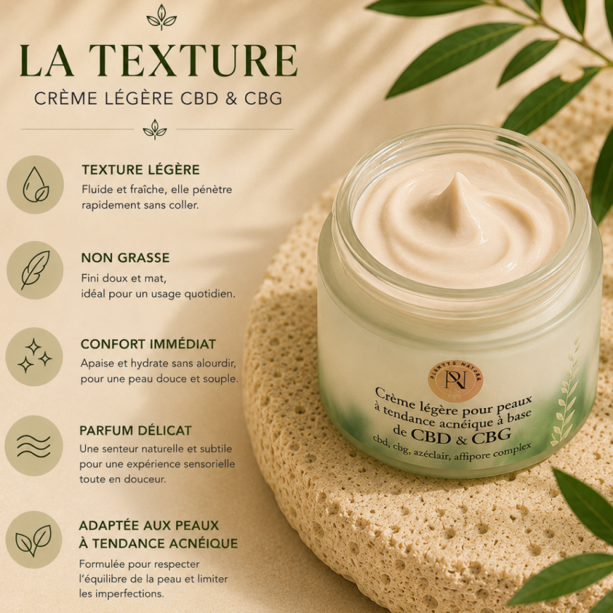 Texture de la crème légère CBD & CBG Plantys Natura pour peaux à tendance acnéique dans une ambiance skincare premium naturelle