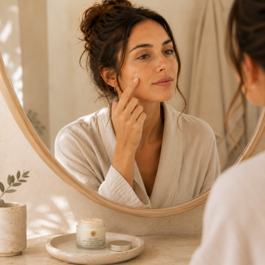 Femme appliquant une crème légère CBD & CBG Plantys Natura sur une imperfection dans une salle de bain minimaliste et premium