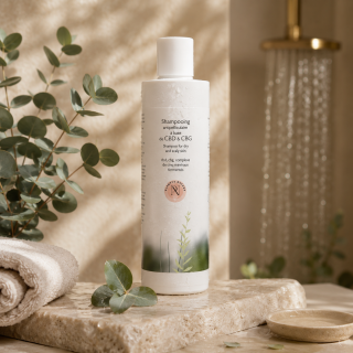 Shampoing antipelliculaire CBD & CBG Plantys Natura dans une ambiance spa premium avec eucalyptus et pierre naturelle