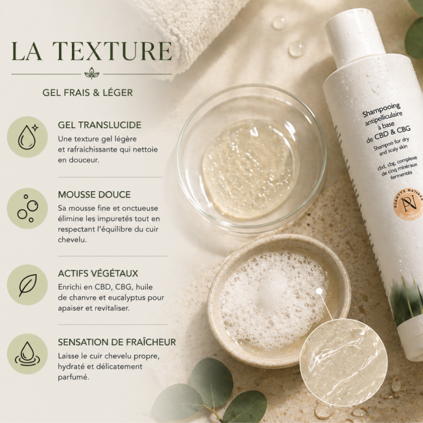 Les bienfaits du shampoing antipelliculaire CBD & CBG Plantys Natura dans une ambiance haircare premium naturelle