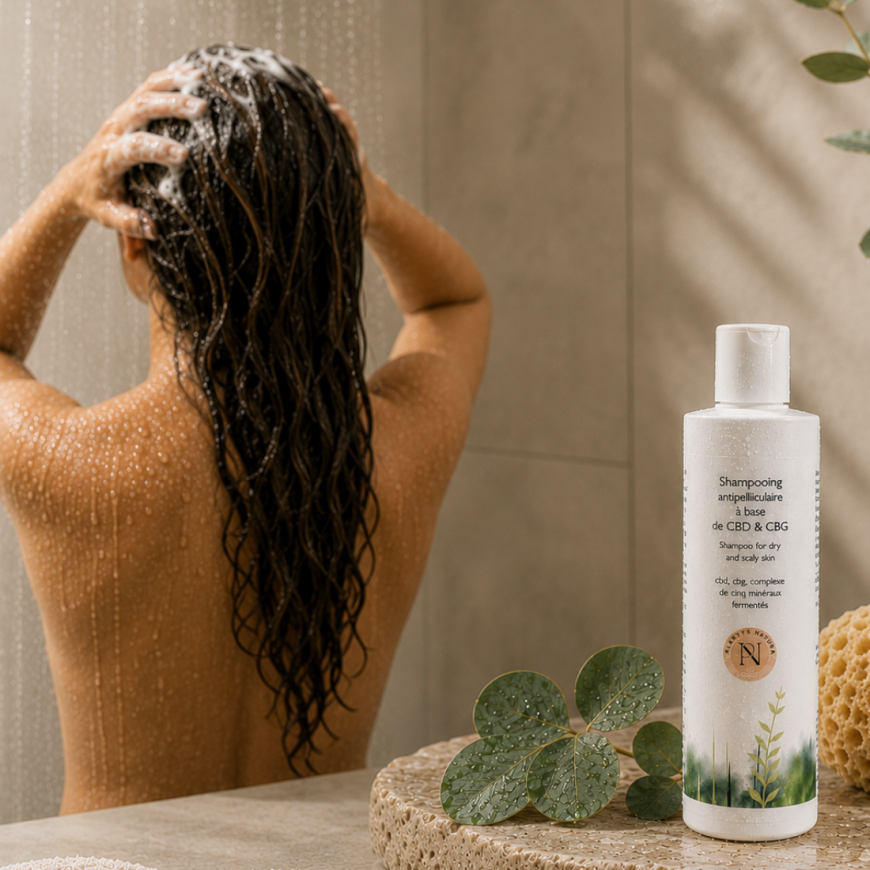 Femme utilisant le shampoing antipelliculaire CBD & CBG Plantys Natura sous la douche dans une ambiance spa premium naturelle