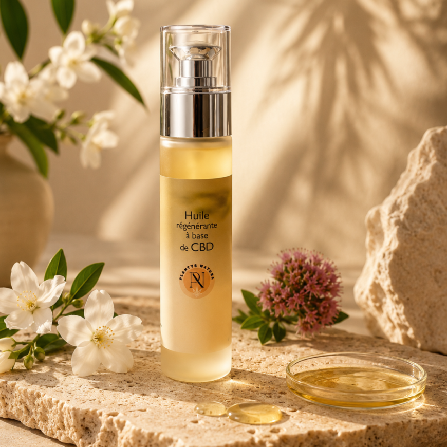 Huile régénérante CBD Plantys Natura dans une ambiance skincare premium avec jasmin, huile végétale et pierre naturelle